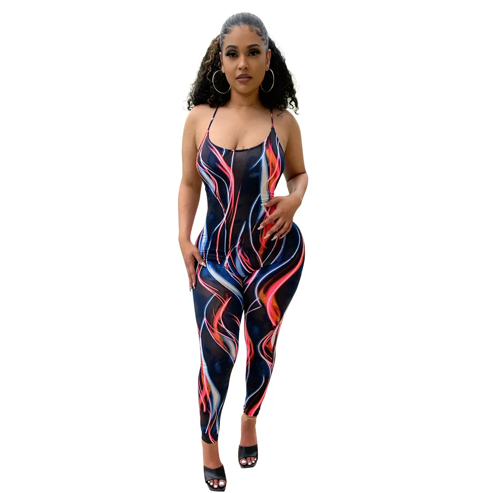 Fashion Sexy Mesh See-Through Suspenders Jumpsuit - Blue