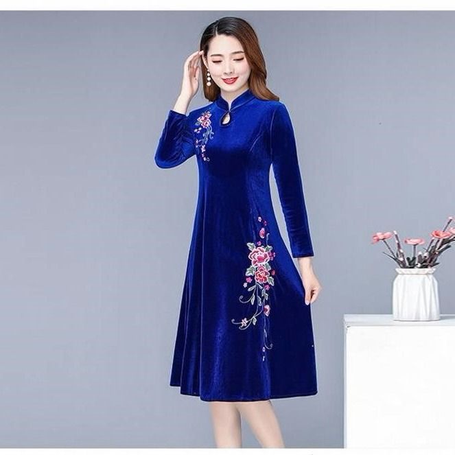 Dress Women's Western Style Gold Velvet Long Sleeves