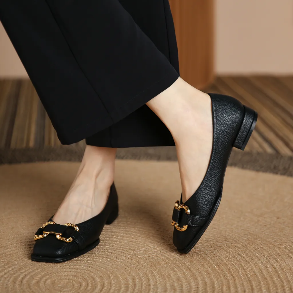 Pebbled Pumps Horsebit Low-heel Shoes - Black