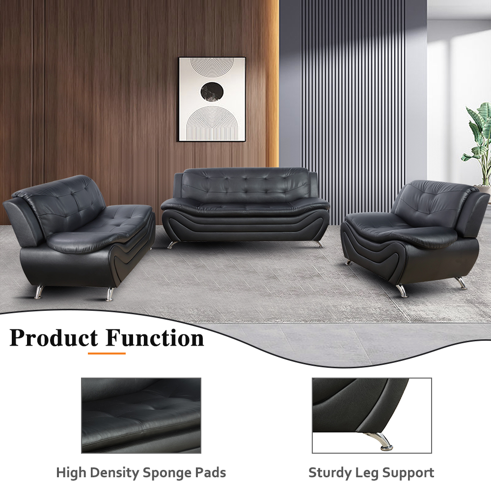 Pickup Only--Black Faux Leather 3-Piece Couch Living Room Sofa Set