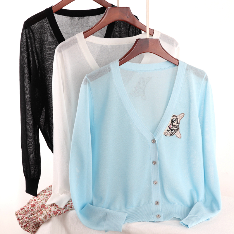 Sweater With Bm Cardigan Small Jacket Thin Embroidered Kitten Ice Silk Sweater Cropped Top