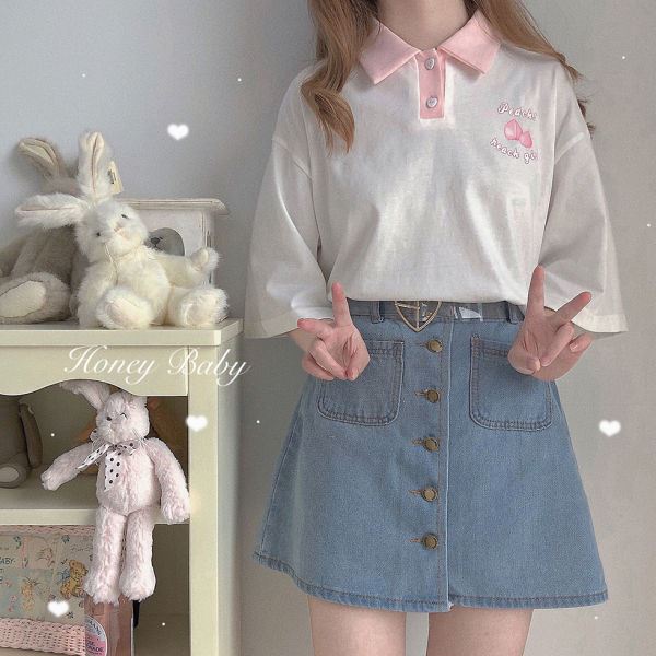 Cute Niche Bm Wind Positive Shoulder Short-sleeved T-shirt Polo Shirt Girl Summer Soft Girl Small Loose Half Sleeve