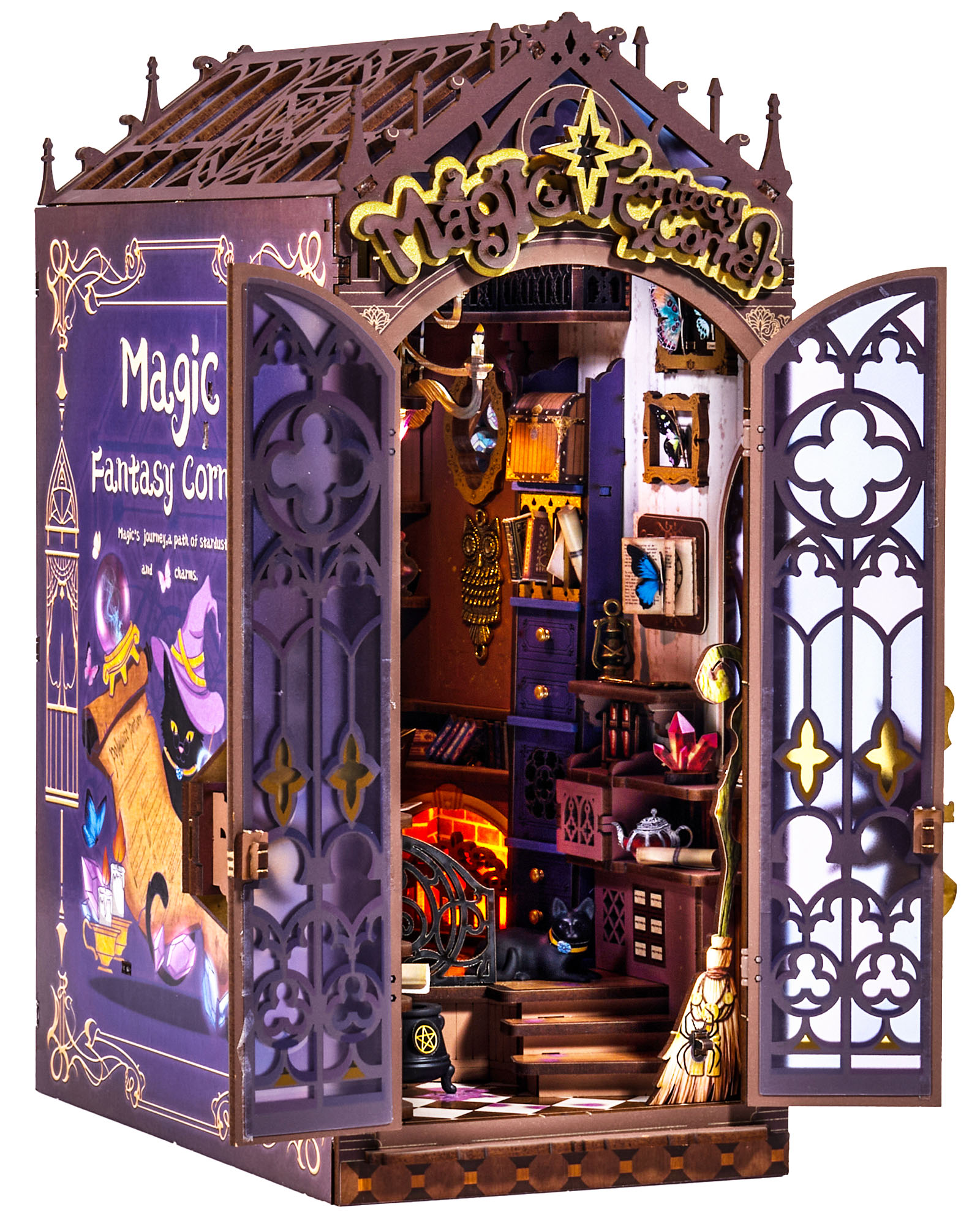 Rolife Magical Fantasy Corner Bookend DIY Set - 3D Wooden Miniature House, 3D Puzzle With Interactive LED Lights, 185 Pieces, Teen & Adult Bookshelf Decoration Gift