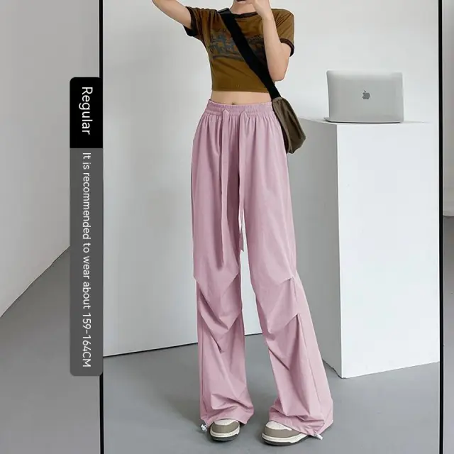 American Straight Pants High Waist Casual Wide Leg Quick drying Track Pants Pink Conventional Common Style - Shop at LoveMi