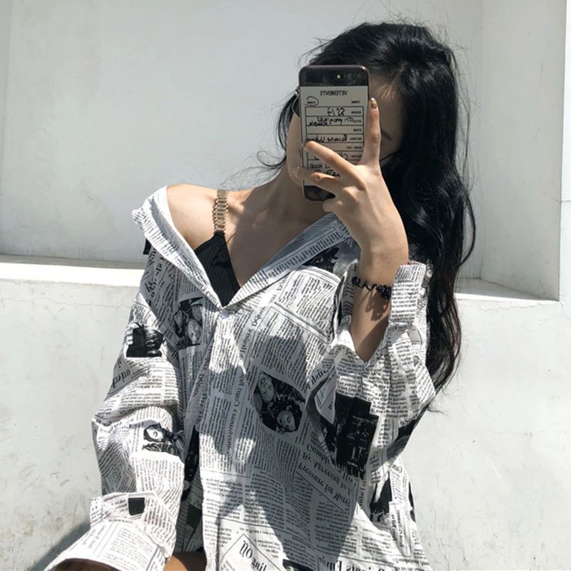 Newspaper Print Shirt, Unisex And Handsome Clothes, Women's Thin Coat