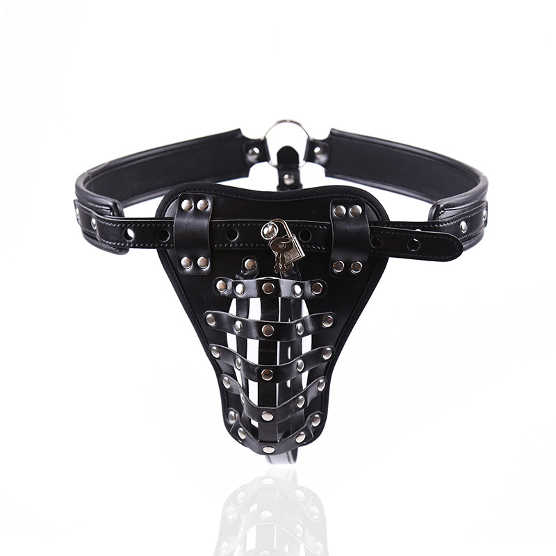 Bondage Flirting Men's Appliances Chastity Pants Leather Strap Adult Bird Cage Sexy Panties Black Leather - Shop at LoveMi