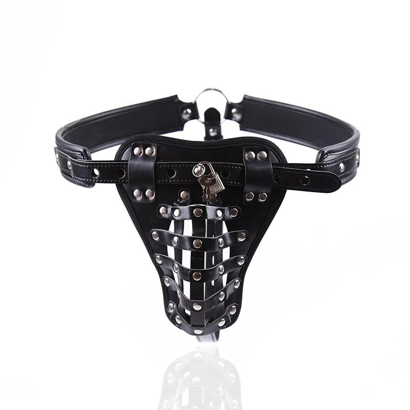 Bondage Flirting Men's Appliances Chastity Pants Leather Strap Adult Bird Cage Sexy Panties - Black Leather
