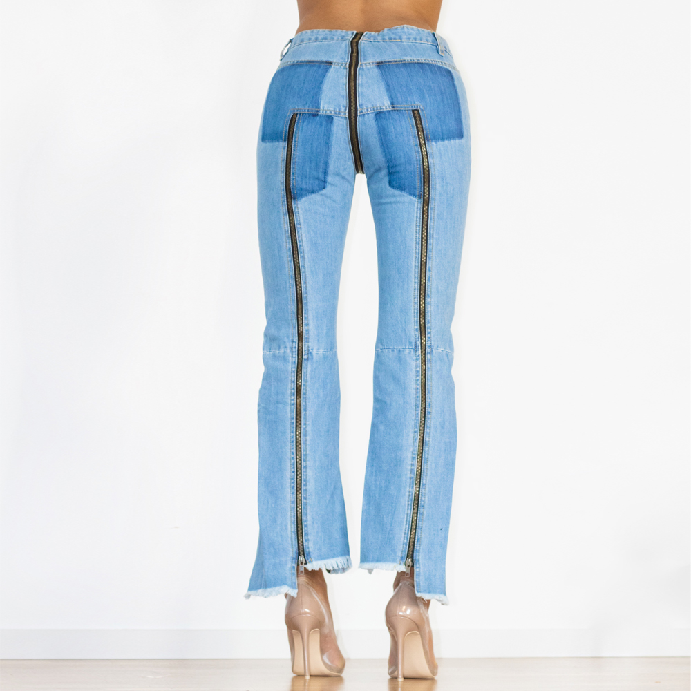 BEYONDARY Women's Light Blue Split Straight Jeans – Slim Fit Zipper Denim Pants for Club & Dance