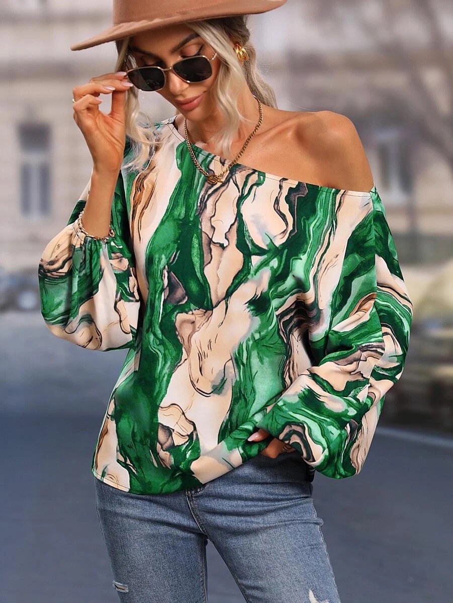 Title 15, Summer Painted Off-shoulder Bishop Sleeves Top