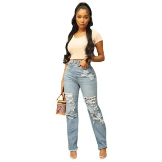 Women's Washed High Waist Straight Ripped Jeans - Light Blue
