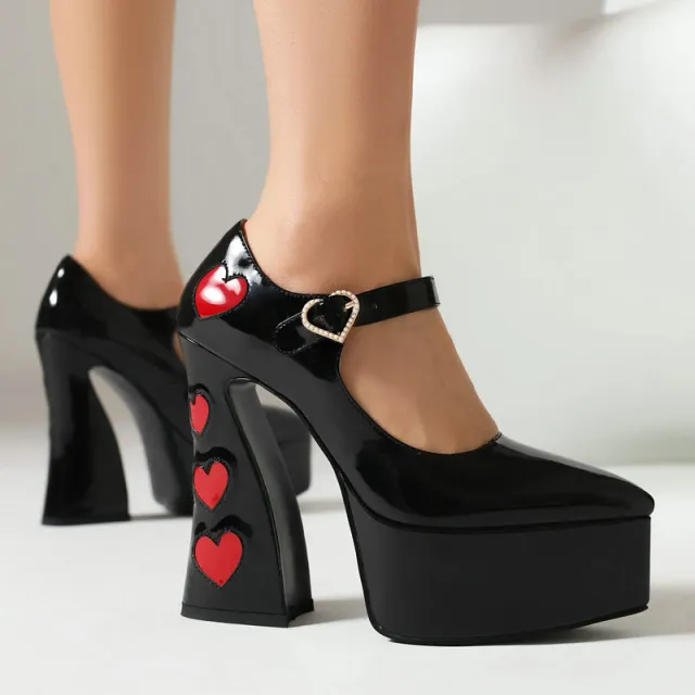 Patent Leather Pointed Thick Sole Waterproof Platform Super high Heel Shoes Black - Shop at LoveMi