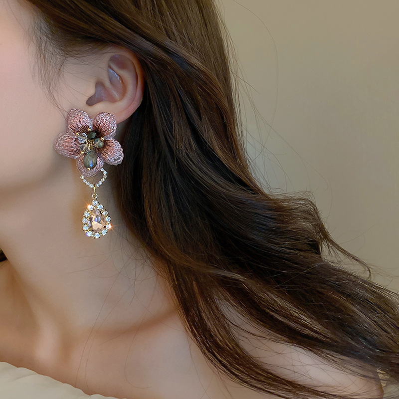 Silver Needle Vintage Asymmetrical Fabric Flower Dangle Earrings For Women French Elegant Jewelry