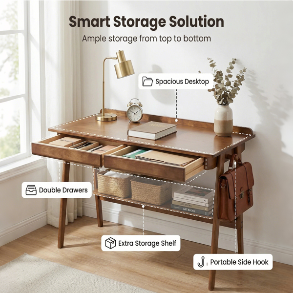Solid Wood Writing Desk, Home Office Desk For Small Spaces, Mid Century Modern Desks With 2 Drawers & Storage Shelf, Standing Desk With Side Hooks For Study, Bedroom, Office  Walnut — foto 5