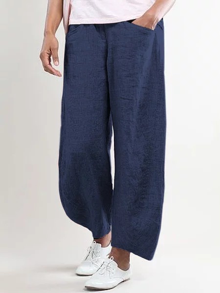 Pure Color Cotton And Linen Cropped Casual Pants