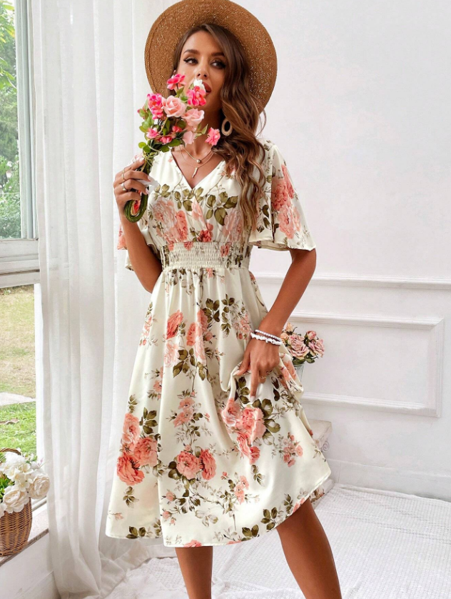 Women's Floral Print Cinching Waist Dress