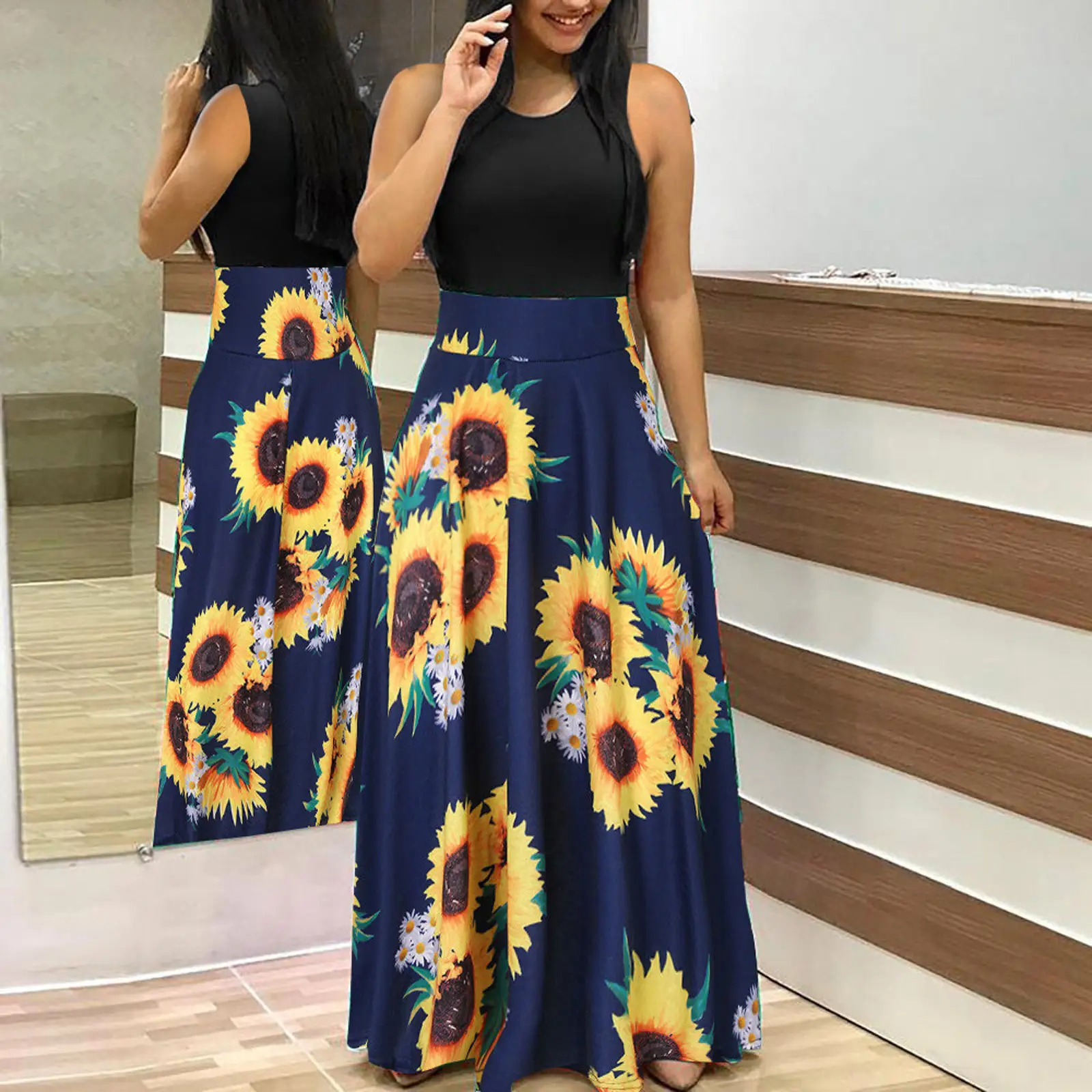 Summer Waisted Bohemian Sleeveless Print Big Hem Dress