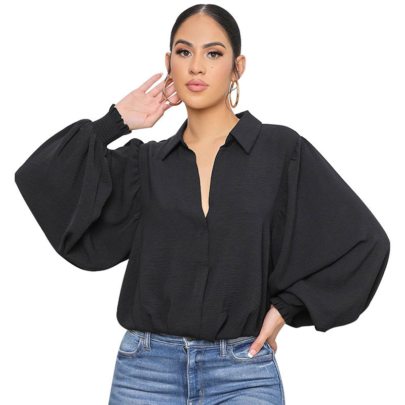 Title 5, Lapel Black Fashion Long-sleeved Solid Color Shirt