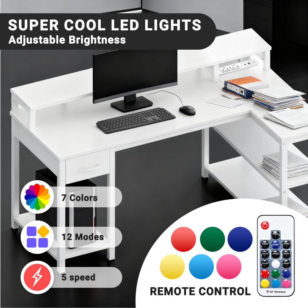 53-inch Gaming Table With USB Charging Port And LED Light, Reversible L-shaped Table With Power Socket And Monitor Stand image 32