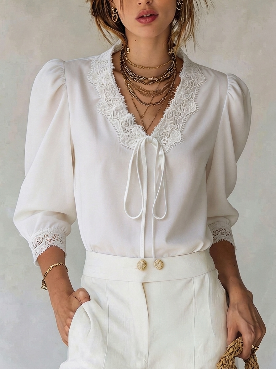 Women's Elegant Lace Trim Puff Sleeve Blouse, V-Neck Tie Front