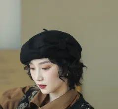 Bow Knot Wool Beret Women's Autumn And Winter Sweet Retro Wool Elegant - Black - View 1
