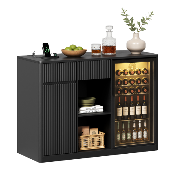 Meuble de Bar Moderne Cannelé avec Prises Intégrées - Noir