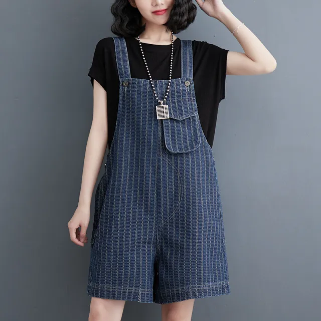Summer New Large Vertical Stripe Denim Strap Shorts For Women Dark Blue - Shop at LoveMi