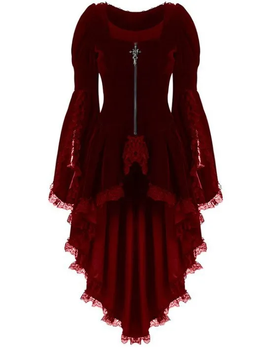 Irregular Pleated Flared Sleeve Top With Lace Trim Red - Shop at LoveMi