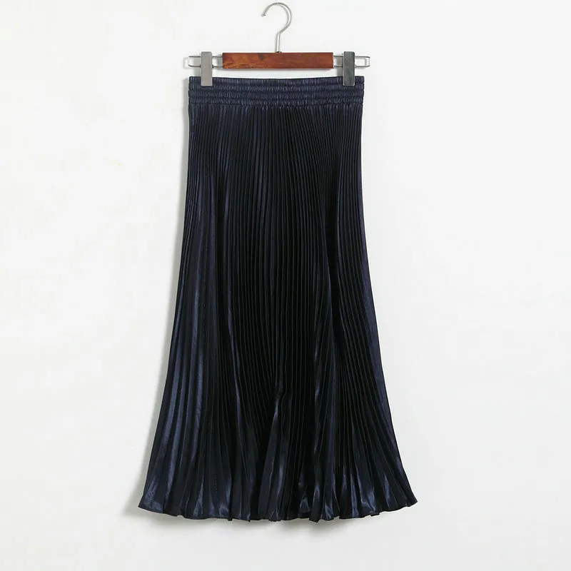Spring European And American Pleated Skirt With Large Swing Glossy Reflection - Blue