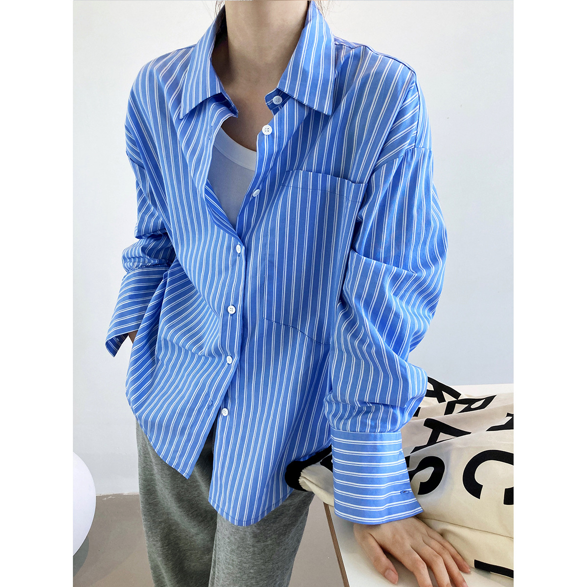 Title 2, Loose Bf Lapel Large Pocket Long Sleeve Shirt