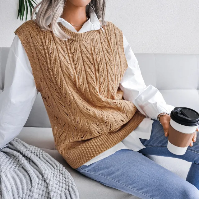 Round Neck Hollow Leaf Casual Knitted Vest Sweater H Khaki - Shop at LoveMi