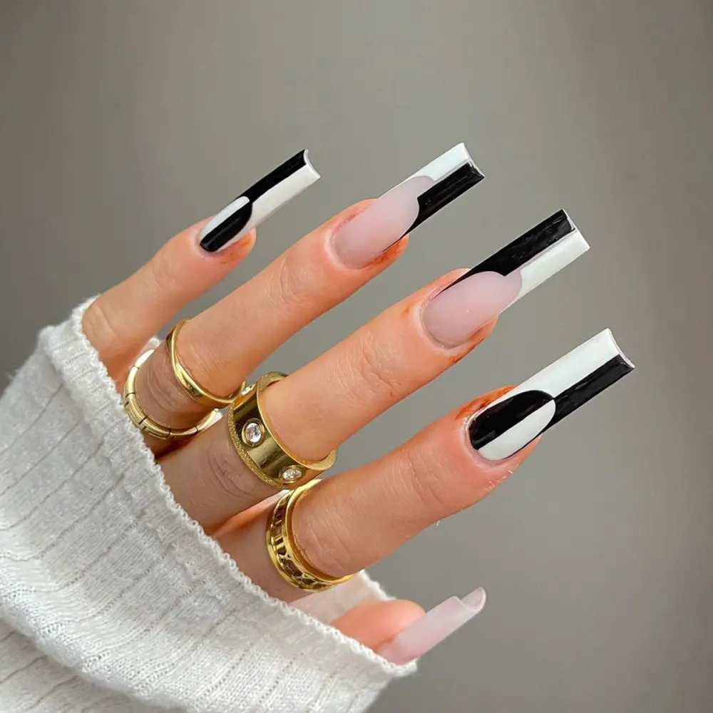 Simple Black and White Color Matching Long Nails Removable