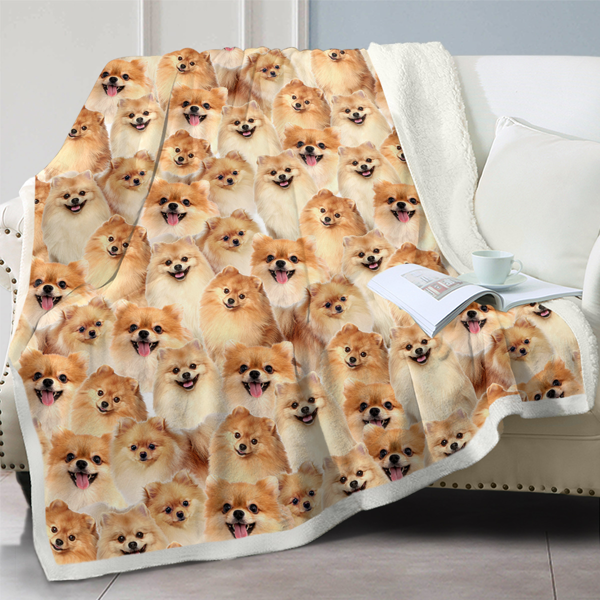 Pomeranian Pattern Fleece Blanket Girls Brown Sherpa Blanket Cute Dog Animal Lightweight Warm Cozy Bed Or Couch Throw