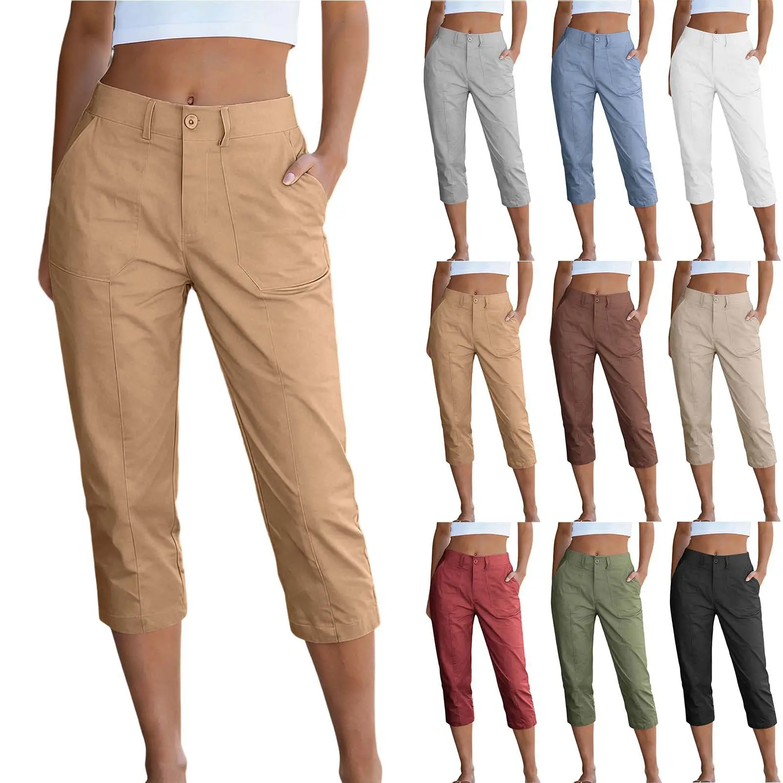 Women's Solid Color High Waist Cargo Capris
