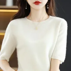 Knitted Short-sleeved Loose T-shirt Inner Sweater - White - View 1