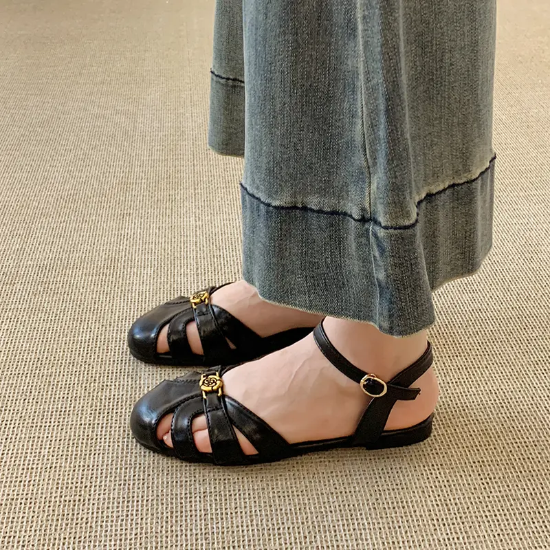 Women Vintage Camellia Rose Metal Buckle Cutout Slingback Fisherman Flat Sandals, Round Closed Toe Hollow Adjustable Ankle Strap Soft Leather Backless Casual Da