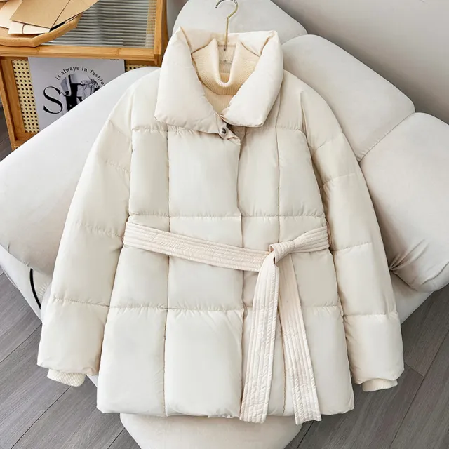 Winter Plaid Sewing Lapel Coat With Lace up Design Fashion Loose Solid Thick Jacket Outerwear Women's Clothing White - Shop at LoveMi