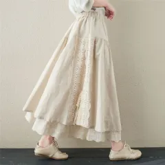 Half-length Skirt Heavy Duty Sen Women's Embroidered Elastic Waist Mid Length - Hemp Natural Color - View 1