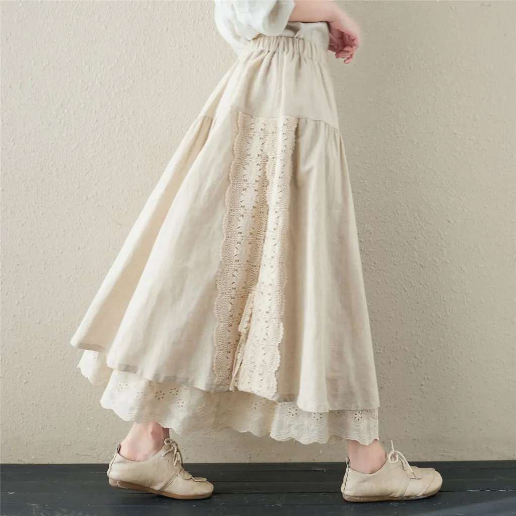 Half-length Skirt Heavy Duty Sen Women's Embroidered Elastic Waist Mid Length - Hemp Natural Colour
