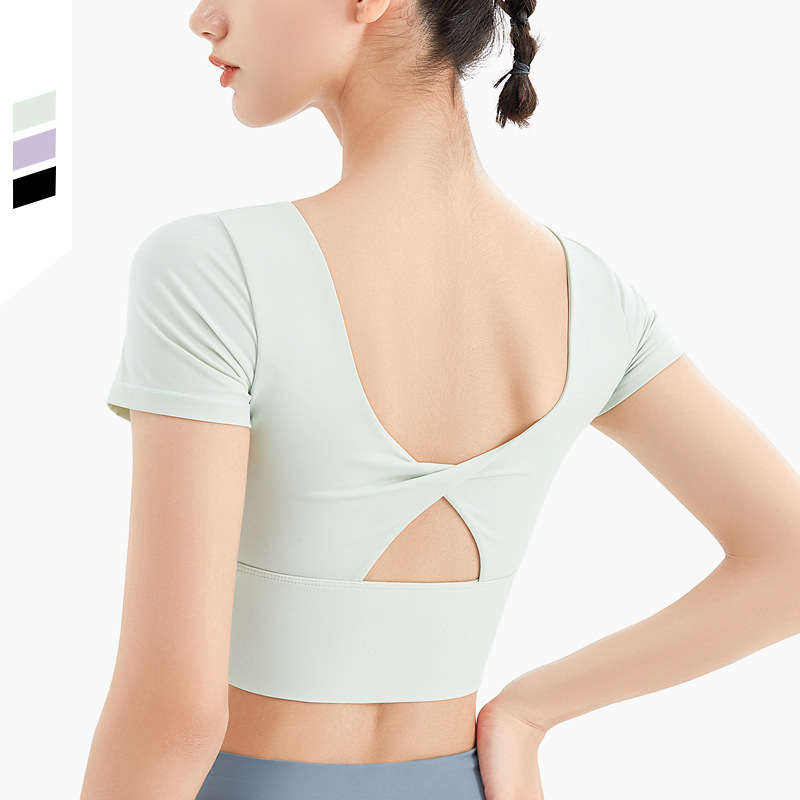 Antibom Yoga Women T-Shirts Short Sleeve Sexy Hollow Design Cross Back
