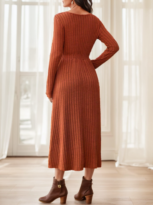 Women's Fall Solid Color Casual Long Sleeve Midi Dress With Belt Decoration