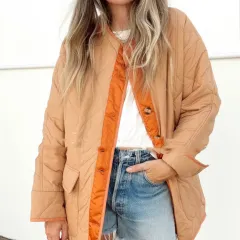 Loose Hourglass Quilted Cotton Colour Matching Double Patch Pocket Jacket For Women - Orange - View 1