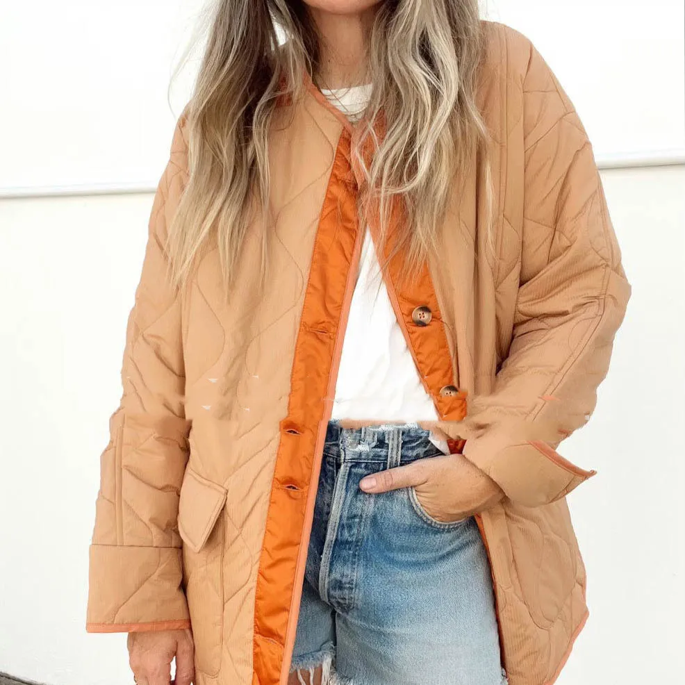 Loose Hourglass Quilted Cotton Colour Matching Double Patch Pocket Jacket For Women - Orange
