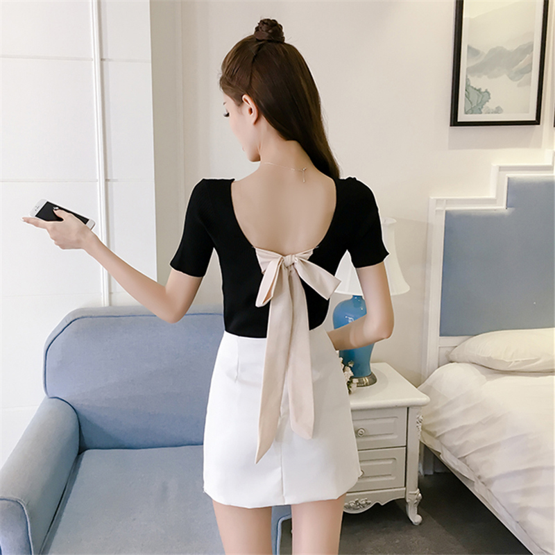 Title 3, Summer Halter Bow Slim Short-sleeved Sweater Women