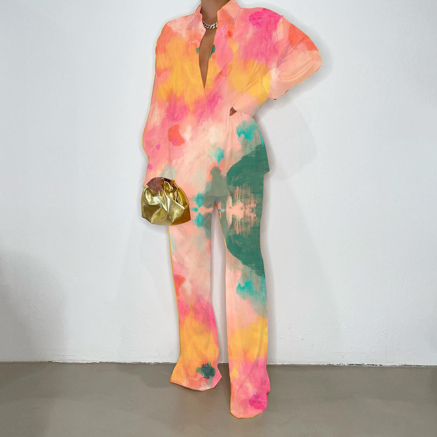 Women's Printed Loose Long-sleeved Shirt Loose Trousers Two-piece Suit