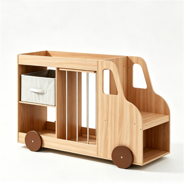 4-in-1 Kids Toy Storage Organizer With Rolling Wheels, Car Shape Wooden Bookshelf With Fabric Drawer For Playroom Nursery, Age 3- Natural — foto 2