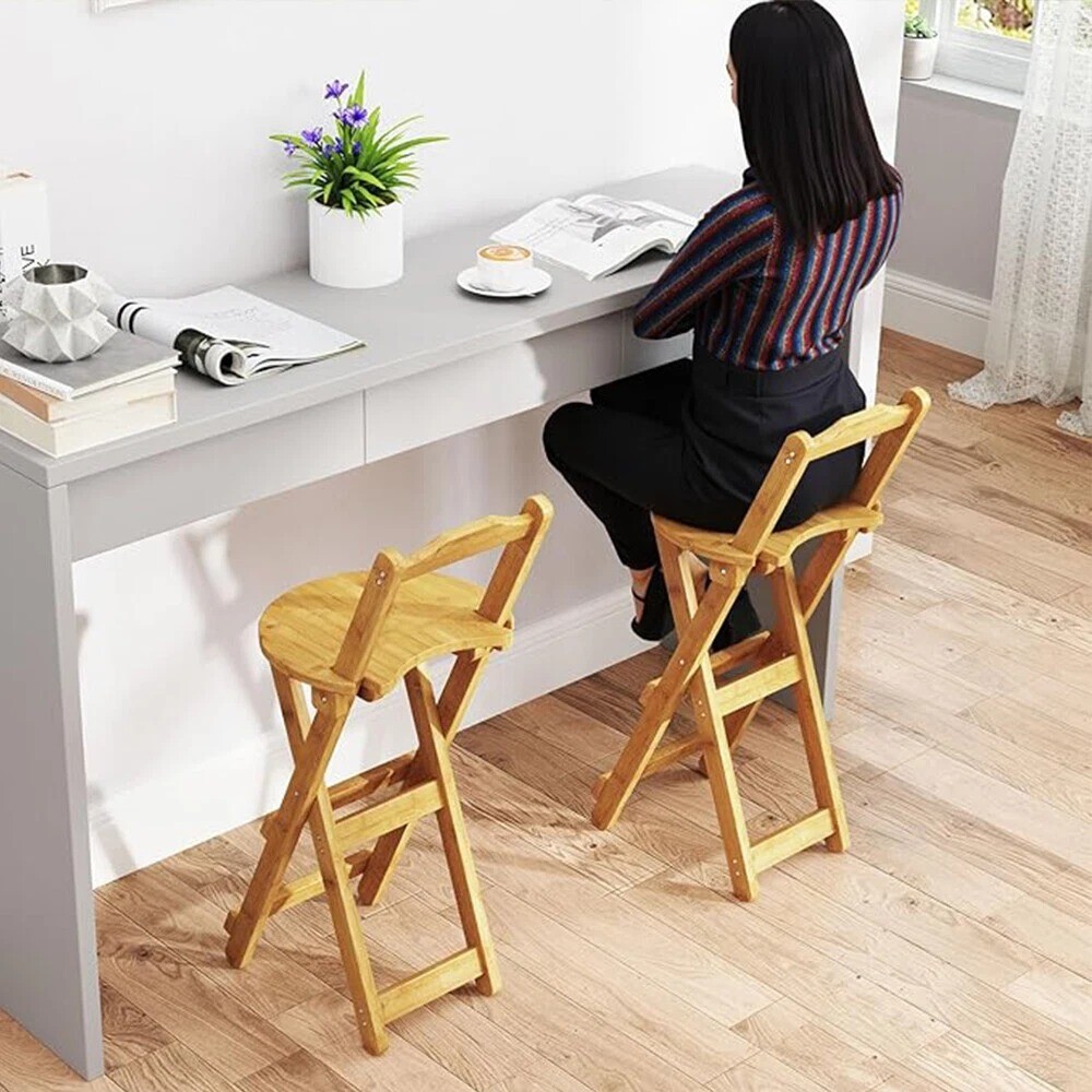 Wooden Folding Bar Stool Bamboo Kitchen Counter Height Stools With Backrest NEW
