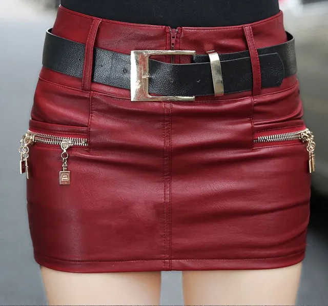 PU Leather Skirt Women's Anti exposure Slim Fit Fashion A Line Dress Korean Style Wine Red - Shop at LoveMi
