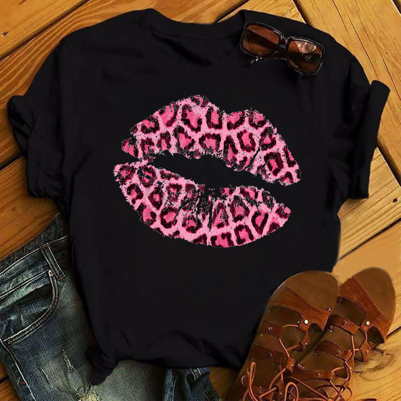 Plus Size Women's Leopard Print Lip Print Crew Neck Loose Women's Clothing
