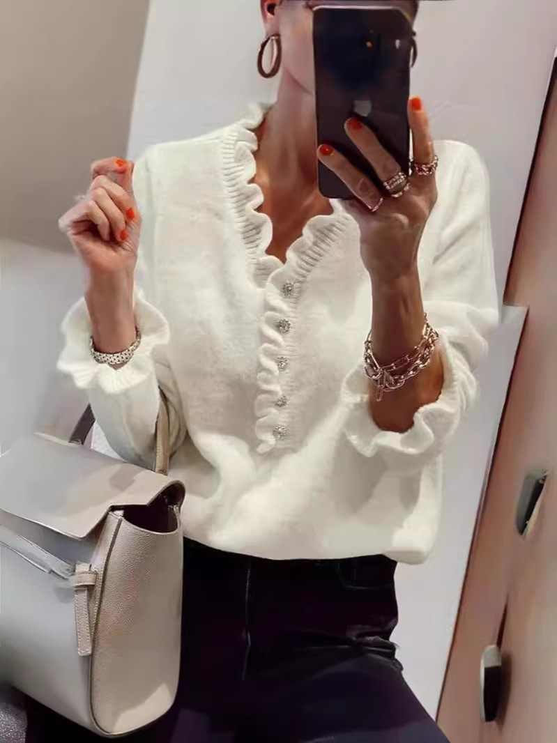 Elegant Long Sleeved Ruffled Women's Knitted Sweater - A Soft And Fashionable Top Suitable For Wearing In Spring, Summer, And Autumn