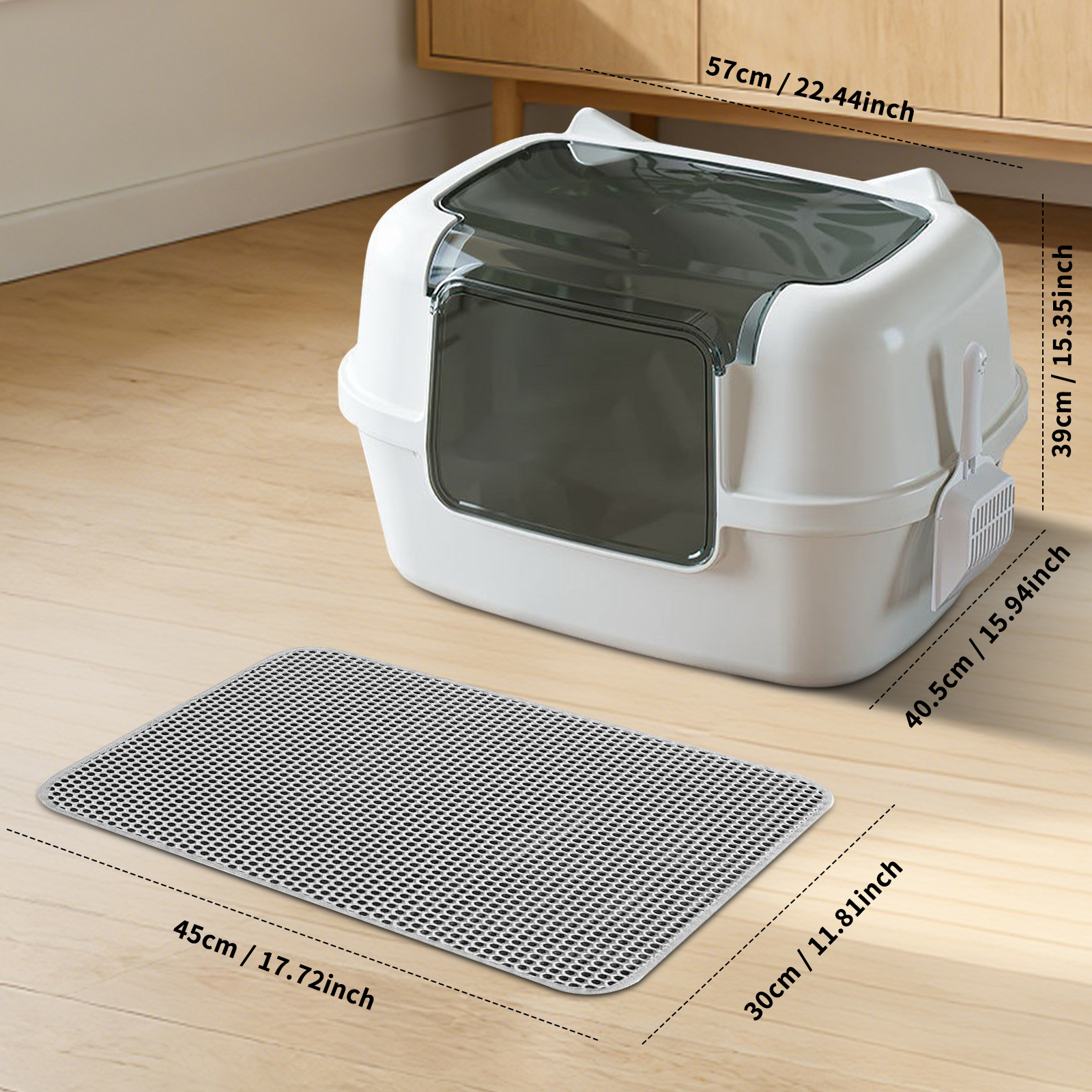 Extra Large Cat Ear Fully Enclosed Cat Litter Box, With Free Scoop & Litter Mat, Anti-Splash & Anti-Tracking Odor Locking, For Large Cats & Multi-Cat Households